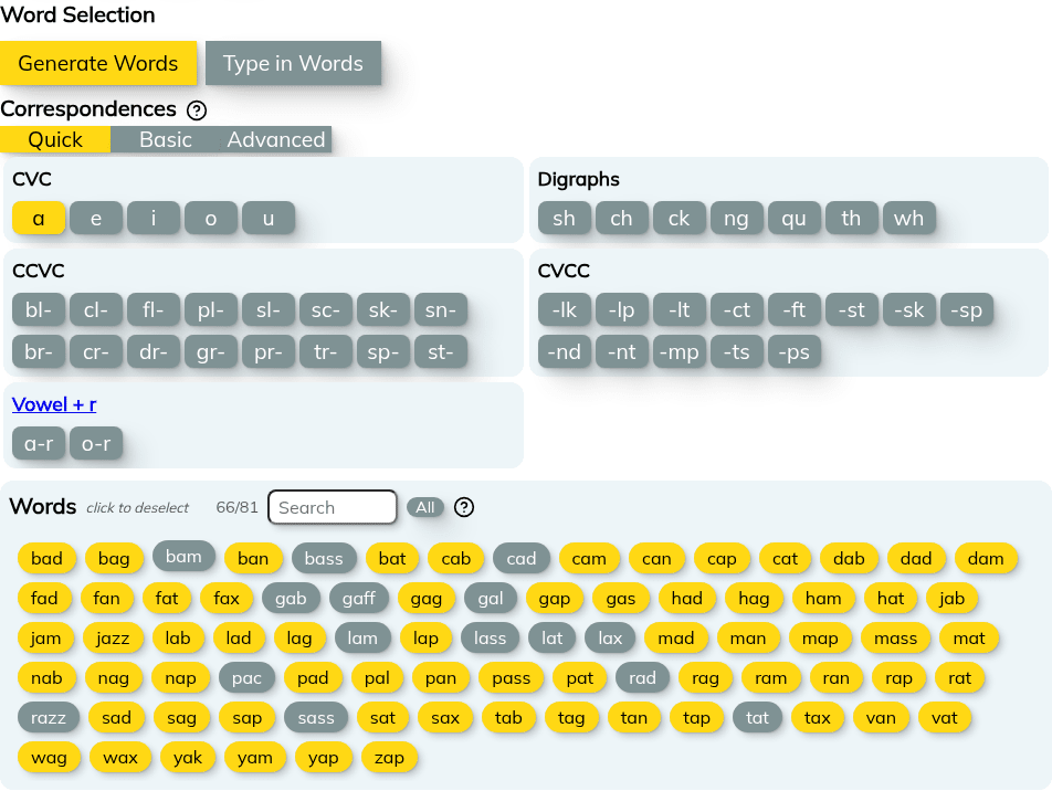 Word Selection menu with Generate Words and Type in Words tabs above a grid of short a words, some selected and some not