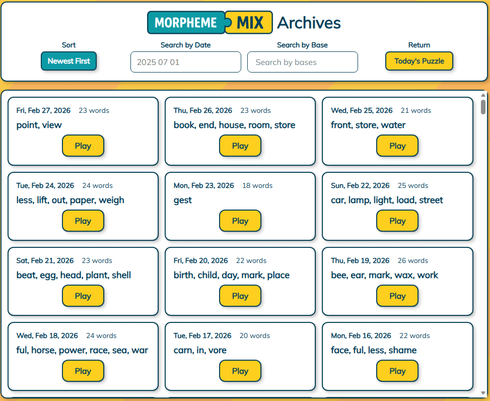 Morpheme Mix Archives listing puzzles from February 27 to February 16.