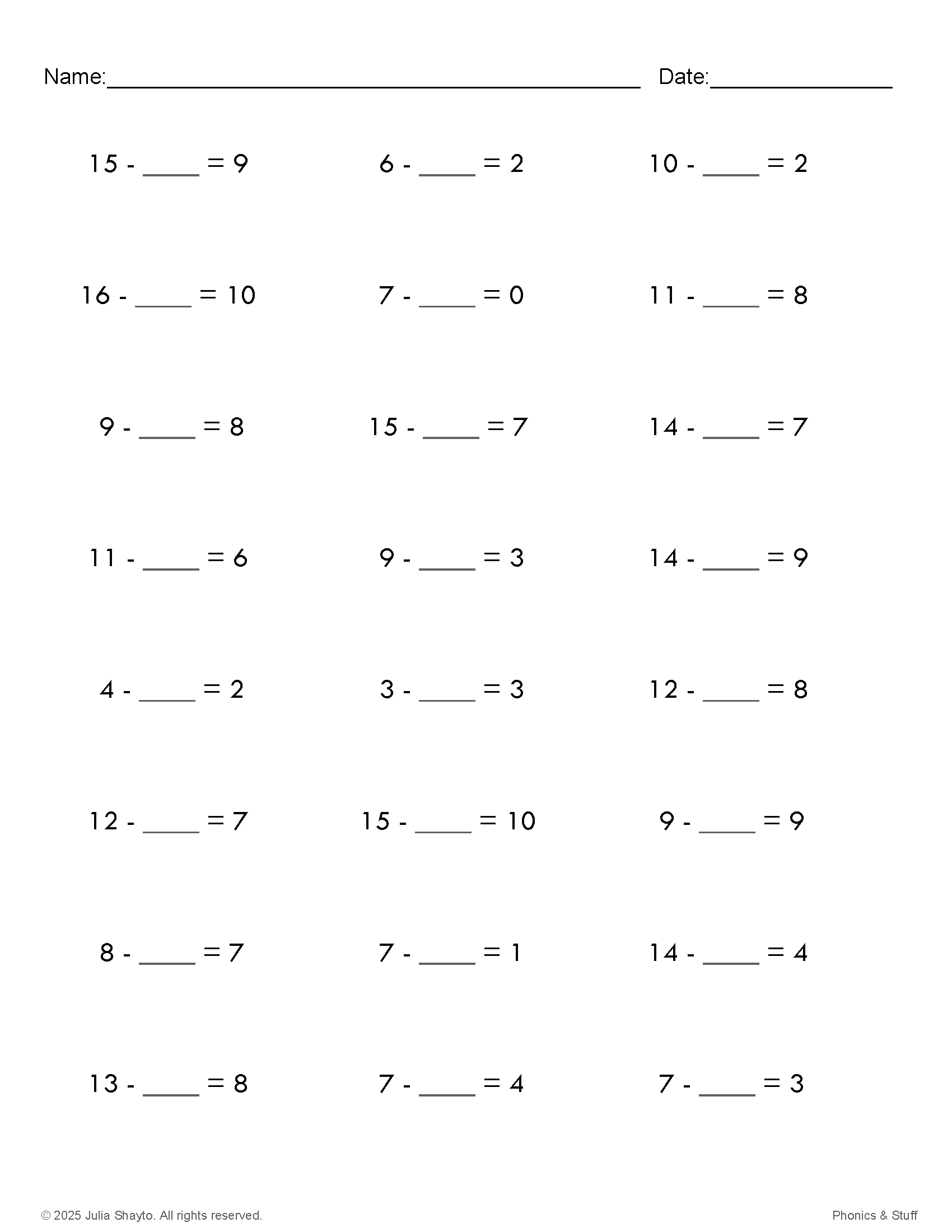 Missing Number - Subtraction